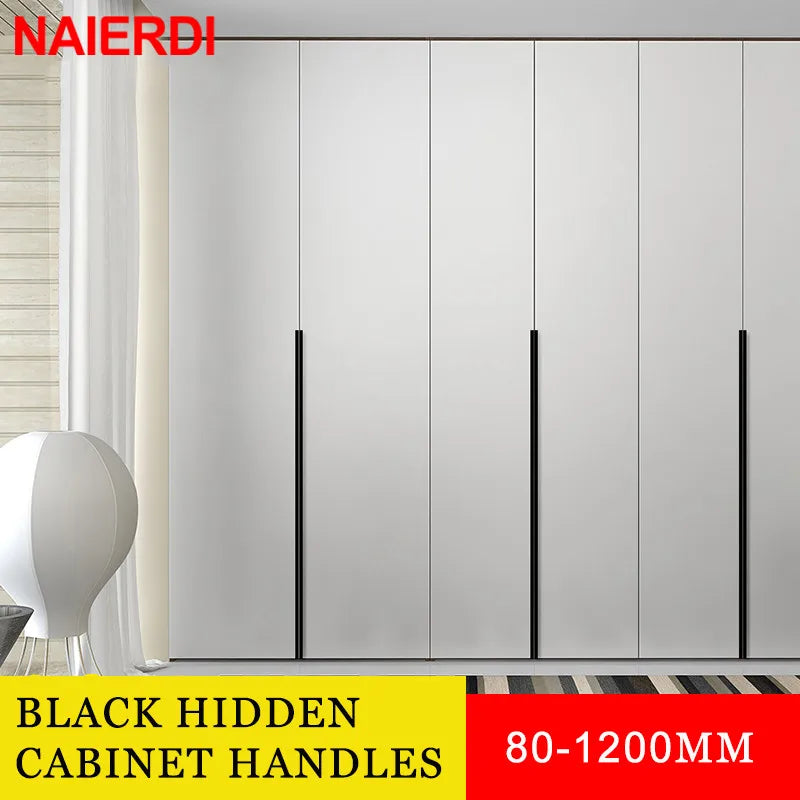 NAIERDI Black Hidden Cabinet Handles Aluminum Alloy Kitchen Cupboard Pulls Drawer Knobs Furniture Handle Bedroom Door Hardware