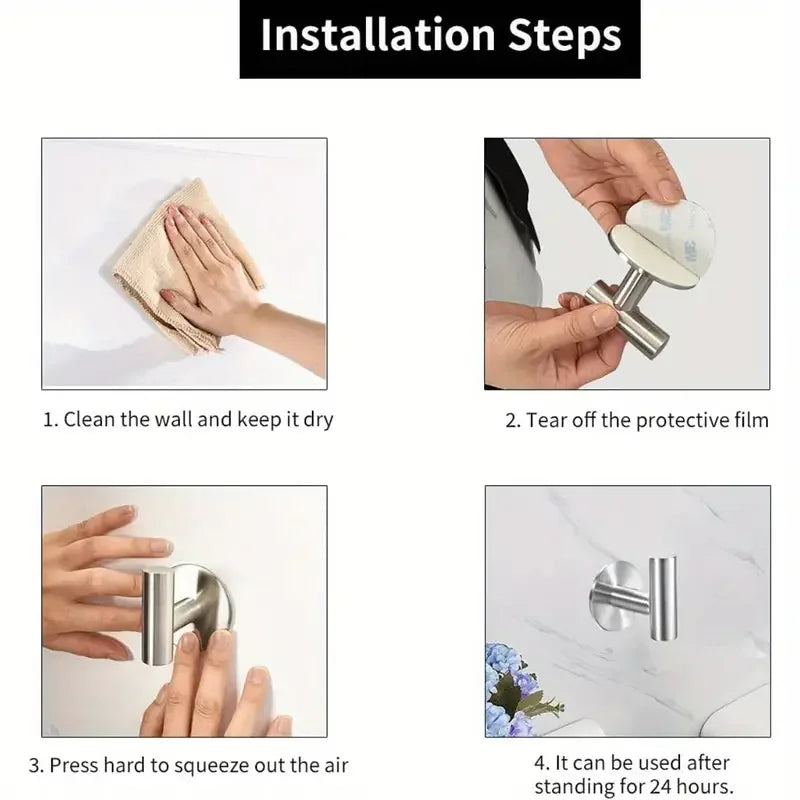 2/4PCS Adhesive Wall Hook Stainless Steel Robe Sticker Hooks Towel Coat Key Pants Hangers Bathroom Kitchen Storage Accessories
